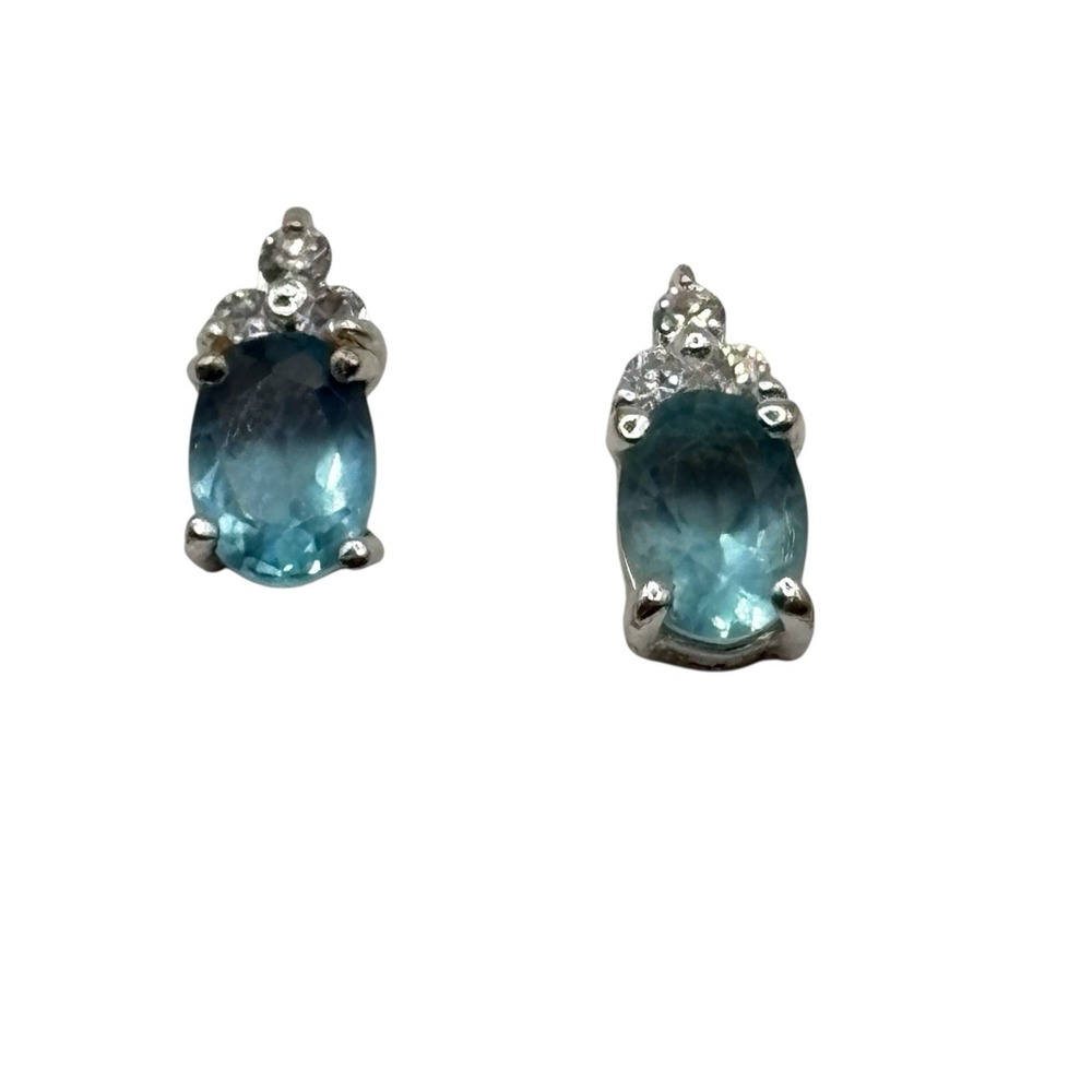 Stimulated Aquamarine Stud‎ Earrings Sterling Sliver 925 CZ Accents Post by FAS - Picture 5 of 14